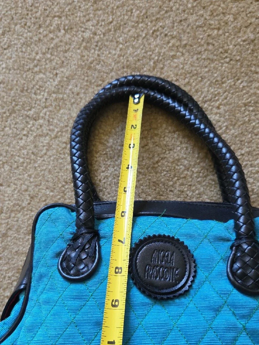 ANGELA FRASCONE Quilted Blue & Green Decorative Satchel Braided Black Handles